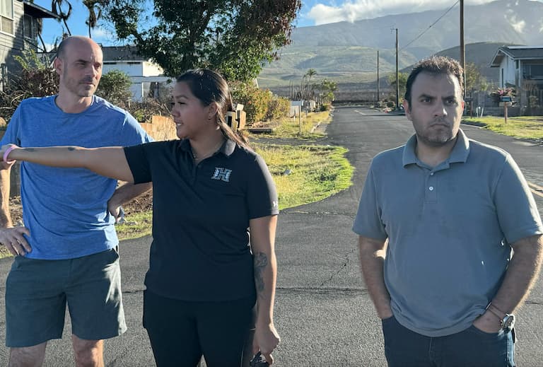 The team surveys a neighborhood after the Lahaina wildfires